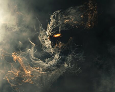 Shadowfire demon a creature of smoke and ember emerging from the shadows with flames flickering along its dark form