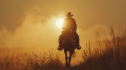 silhouette of a  cowboy in the sunset