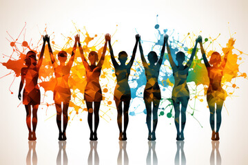 silhouettes of women holding hands against a background of bright splashes of multicolored watercolor paints, concept of women's solidarity