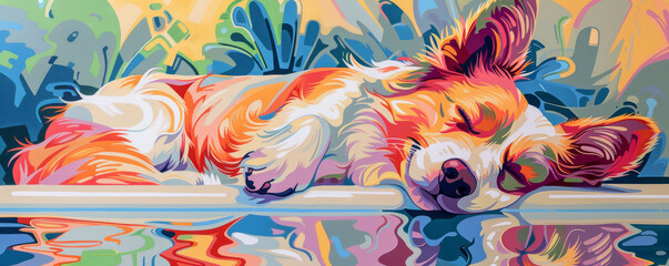 Craft a symphony of lines and colors portraying the beauty of a canine relishing in a revitalizing spa experience
