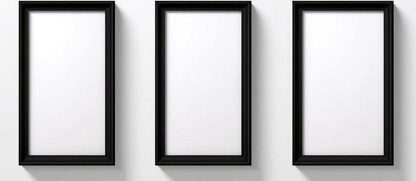 Three black framed pictures are evenly spaced along a white wall. The pictures are empty, waiting to be filled with artwork or photographs.