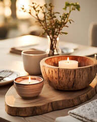 Obraz na płótnie Canvas Tabletop on cozy wooden table with ceramic plates, cups and bowls and burning candles