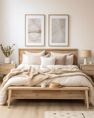 Bedroom with headboard made of decorative light wooden slats, modern and cozy style 