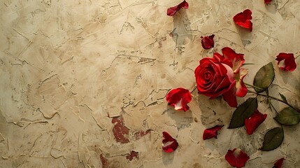 Red rose and rose petals on beige textured background; top view 