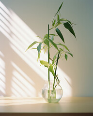 Still life: bamboo plant in a glass vase, in a corner of a living room table, minimalist style, bright, with light from the window