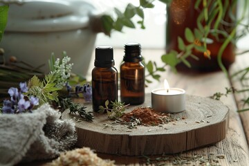 Essential Oil Bottles on Wooden Table with Fern Leaves