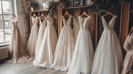 Fototapeta na wymiar Boutique Interior: Beautiful Wedding Dress Display with Lace Details