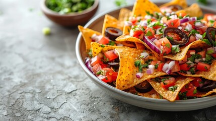 A plate of Mexican nachos served with both salsa and guacamole, showcasing a vibrant array of vegetables, chicken, and spices This delicious dish is a blend of Thai-inspired flavors, featuring green a