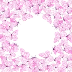 Tuinposter Painted pink butterfly Round frame border. Hand drawn illustration isolated on white background. Painted flying insect with delicate wings elements. For greeting cards, banner, invitation, postcard © Nataliia