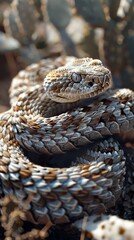 a coiled diamond back rattle snake, head on the bottom, emphasis on rattle tail