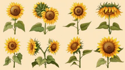 set of sunflowers vector illustration