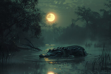 Nightfall heralds the stealthy prowling of hungry crocodiles. - obrazy, fototapety, plakaty