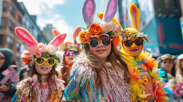 Festive Easter parade with colorful floats and costumes