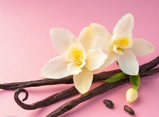 Aromatic vanilla sticks and flowers isolated on pink background