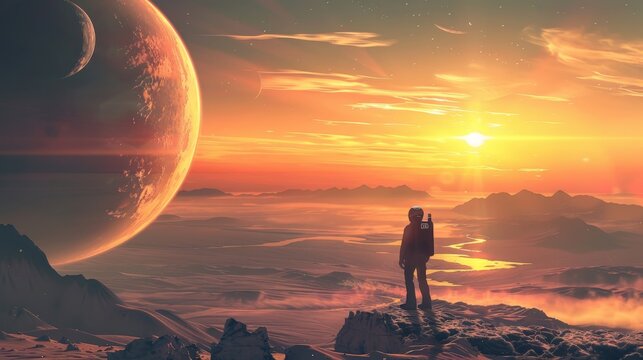 a person standing on a mountain with a planet in the background
