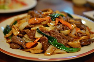 A plate of chow fun, a dish of stir-fried wide rice noodles, beef, and vegetables