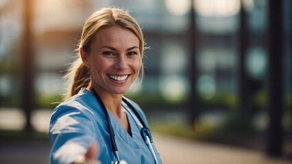 Smiling nurse showing thumbs up