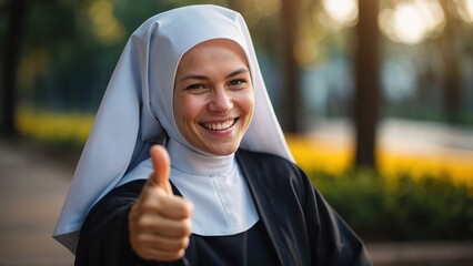 Smiling nun showing thumbs up - obrazy, fototapety, plakaty