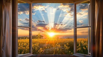 Stunning view through open window of yellow crops and beautiful sunset through clouds. Evening rays of orange sunshine burst through the house window and open curtains  - obrazy, fototapety, plakaty