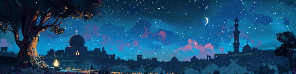 At an oasis under a starry night an iftar feast unfolds with a magic lamp revealing an ancient citys silhouette and a nearby minaret