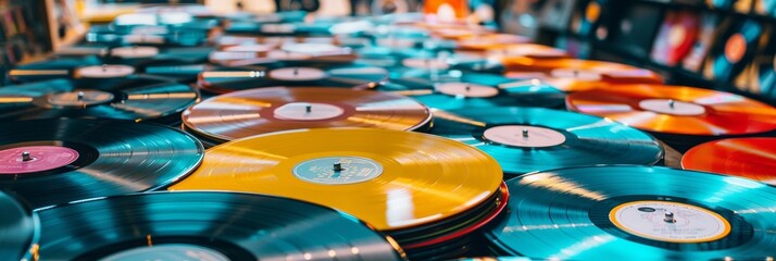 A vintage shop scene with rows of colorful vinyl records and tape cassettes a nostalgic paradise for music lovers