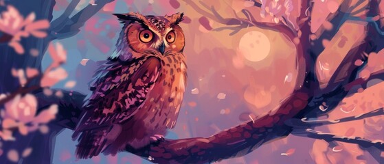 Wise owl perched on a magical tree branch - obrazy, fototapety, plakaty