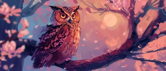 Papier Peint photo Lavable Dessins animés de hibou Wise owl perched on a magical tree branch