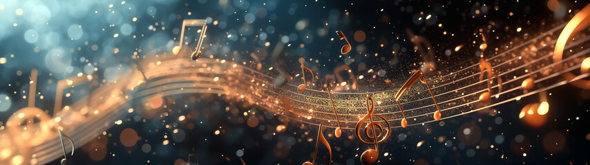Melody flowing music wave  abstract background showing colourful music notes which are musical notation symbols, panoramic stock illustration image