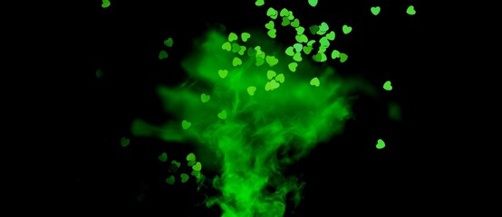 green smoke and little hearts abstract with black background illustration 
