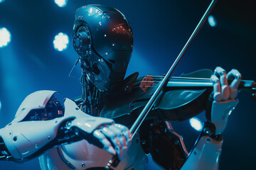 An android robot playing a violin at an orchestral classical music concert performing as part of the orchestra. Technology and artificial intelligence as automated entertainment, stock illustration 