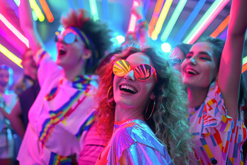 80s Retro Bash: Colorful costumes, neon lights, group of friends dancing to classic hits in nostalgic celebration.