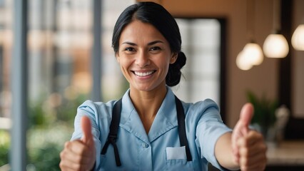 Smiling housekeeper showing thumbs up - obrazy, fototapety, plakaty