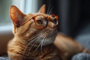 Intellectual Cat. Close-up of a ginger cat wearing stylish round glasses, exuding intelligence and curiosity.