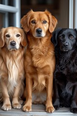 Beautiful golden and black dogs in a doorway, showcasing adorable friendship and cuteness outdoors.