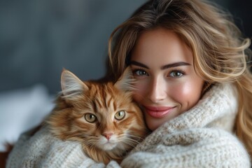 A lovely woman hugs a beautiful fluffy cat indoors, portraying a heartwarming human-feline friendship.