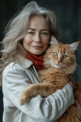 A stylish, cheerful elderly woman embraces a gorgeous Maine Coon cat, showcasing a beautiful friendship.