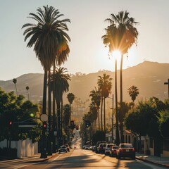 a street with palm trees and a street light