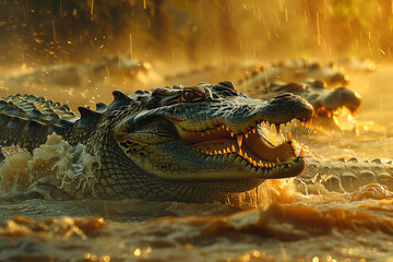 A primeval dance unfolds as crocodiles navigate their waterways. - obrazy, fototapety, plakaty