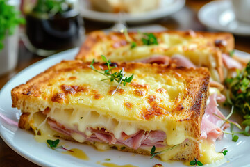 A plate of croque-monsieur, a classic French sandwich made with ham, cheese - Powered by Adobe