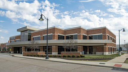 Multi-angled Red Brick Building in Urban Setting