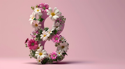 number 8 in 3d surrounded by flowers - concept of 8 march women's day - obrazy, fototapety, plakaty