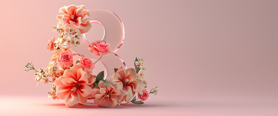 number 8 in 3d surrounded by flowers - concept of 8 march women's day