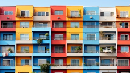 Colored residential building facade with balconies