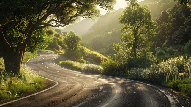 a winding road with trees and grass