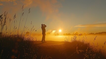The silhouette of a golfer performing a swing against the backdrop of a breathtaking sunrise over a mist-covered course.