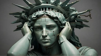 Fotobehang statue of liberty with head in hands, breakdown of society concept.Generative AI  © Sheraz