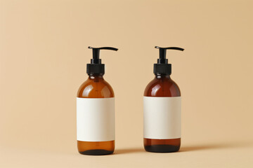 2 cans with liquid soap dispensers, copy  space, yellow background