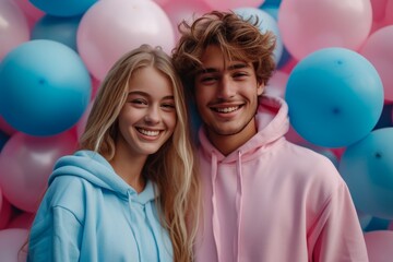 A young couple on a background of pink and blue balloons. Gender party