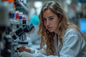 Focused female researcher examining samples under a microscope