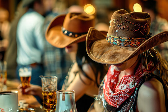 Costume party, Wild West Saloon: Cowboy hats, bandanas, and saloon dresses, friends playing poker, line dancing, and enjoying whiskey.